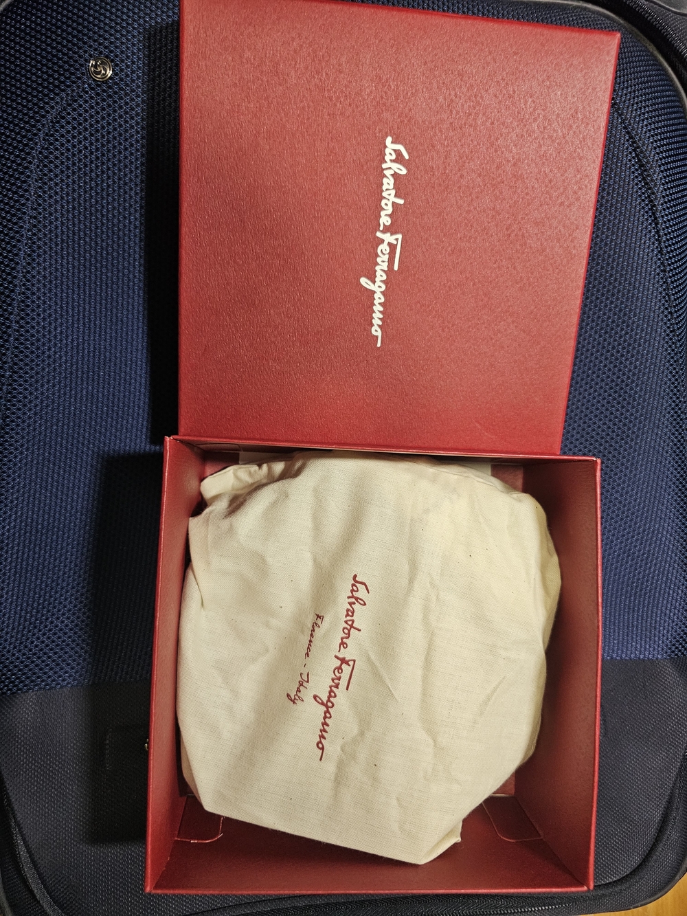 Salvatore Ferragamo Red Box with Cream Dust Bag and Logo